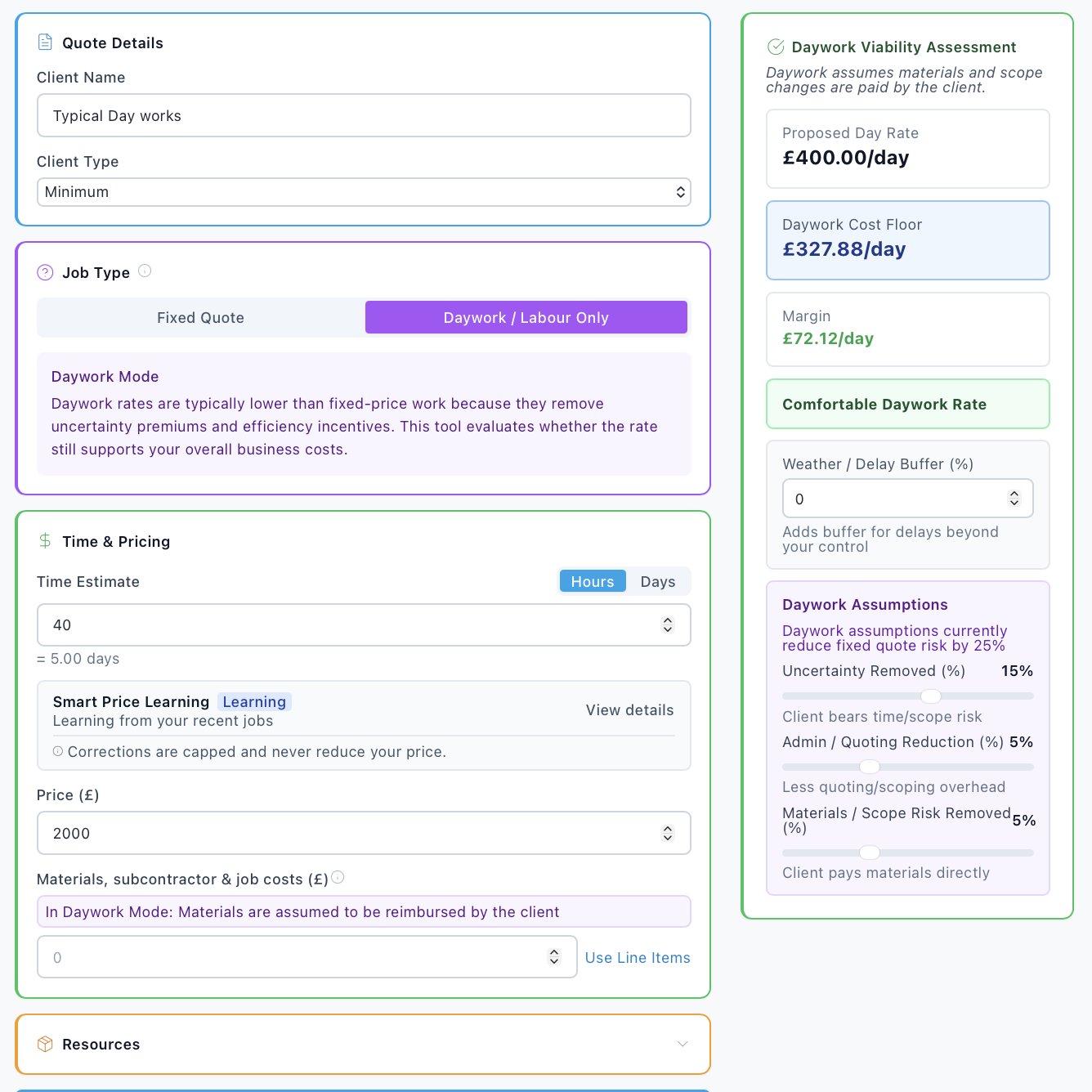 Daywork pricing in RateCheck